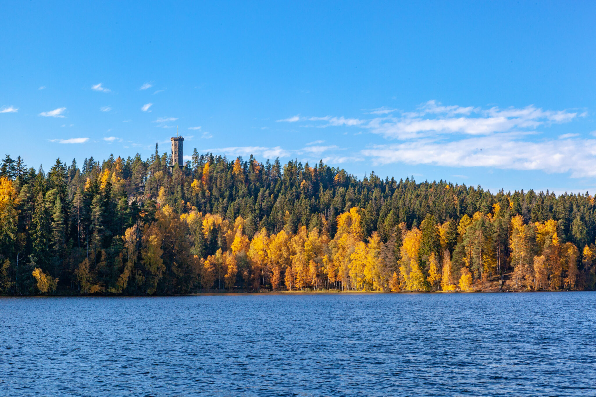 Sibeliuksen Metsää reunustaa Aulangonjärvi. Vastarannalla siintää Aulangon maamerkki, graniittinen näkötorni.